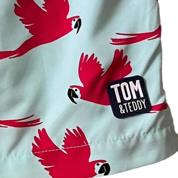 TOM & Teddy Red Parrot Print Swim Trunks Mens XL - Picture 2 of 7
